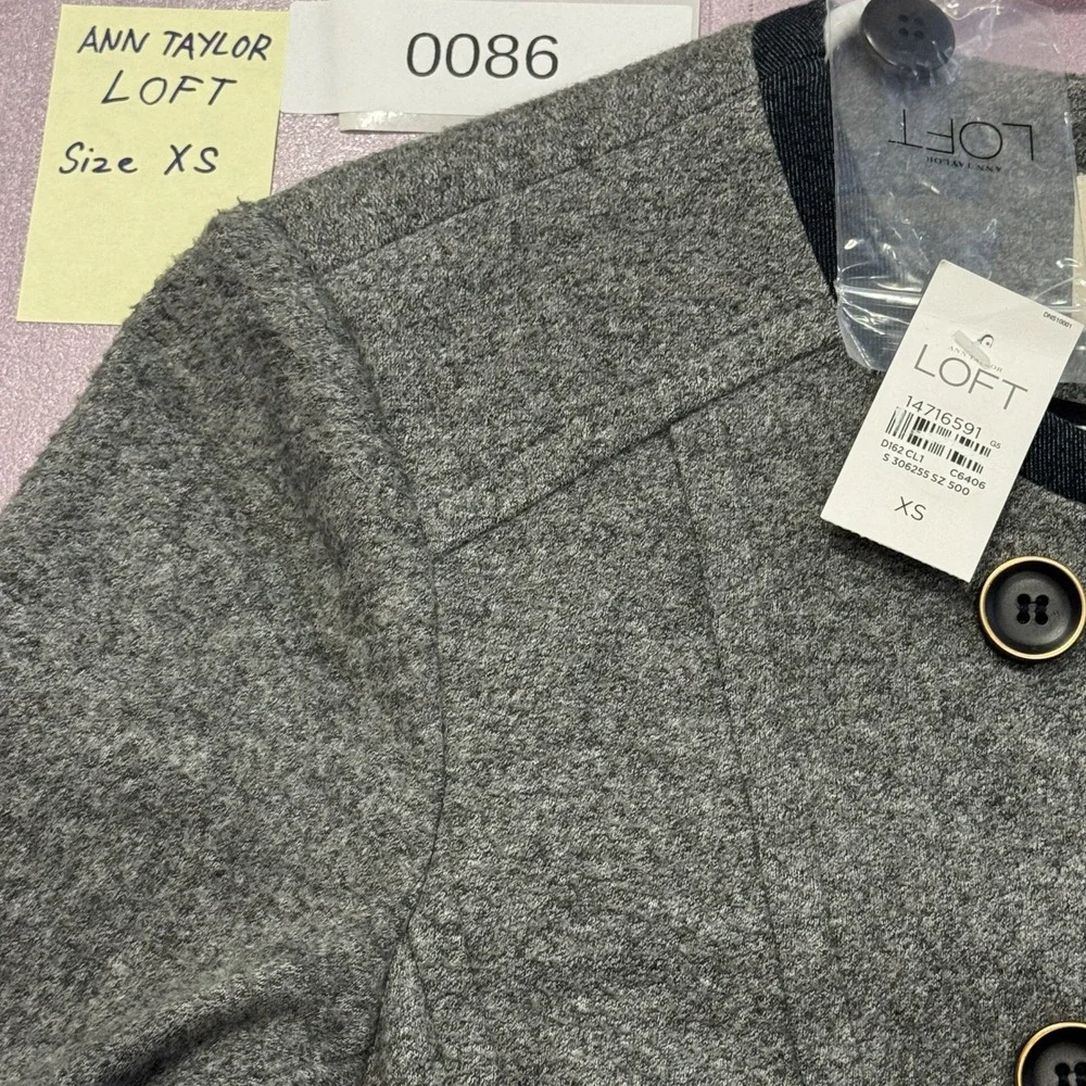LOFT Double Breasted Jacket Womens XS Gray NEW Wool Blend Contrast Trim Military